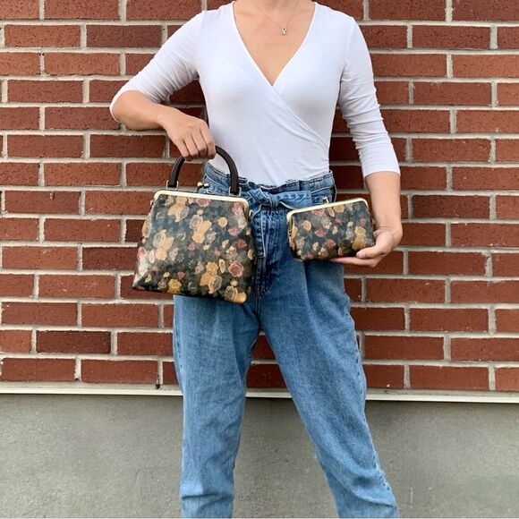 Handmade Genuine Leather Floral Print, Top Wood Handle Bag & Small Clutch Set - Picture 2 of 16